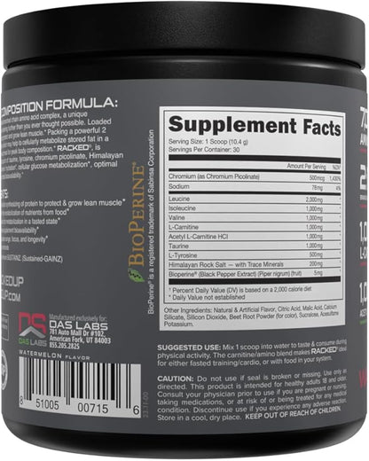 Bucked Up- BCAA RACKED™ Branch Chained Amino Acids | L-Carnitine, Acetyl L-Carnitine, GBB | Post Workout Recovery, Protein Synthesis, Lean Muscle BCAAs That You Can Feel! 30 Servings (Watermelon)