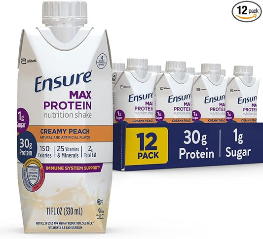 Ensure Max Protein Nutrition Shake Liquid, with 30g of Protein, 1g of Sugar, High Protein Shake, Creamy Peach, 11 fl oz - Pack of 12