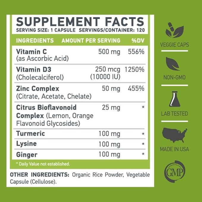 | Z D C Plus | Vitamin C, 500mg | Vitamin D3, | Zinc, | Turmeric | Ginger | Lysine | Non-GMO & Gluten Free | Veggie Caps | 120 Servings