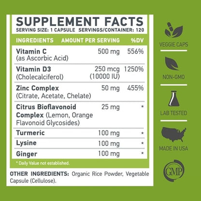 | Z D C Plus | Vitamin C, 500mg | Vitamin D3, | Zinc, | Turmeric | Ginger | Lysine | Non-GMO & Gluten Free | Veggie Caps | 120 Servings