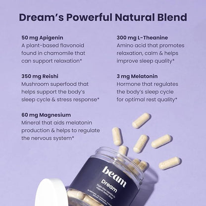 Beam Dream Sleeping Pills, Sleep Aid, Sleep Aids for Adults, Contains Magnesium, Melatonin, L Theanine, Apigenin, Natural Sleep Supplement, Vegan, Non GMO, Dairy Free, 3rd Party Tested, 30 Servings