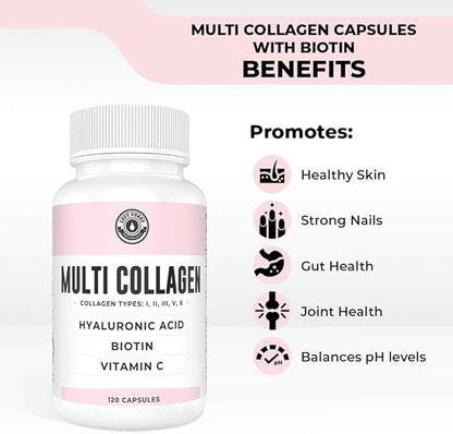 Collagen Capsules with Biotin, Hyaluronic Acid, Vitamin C, Hydrolyzed Multi Collagen Peptide Capsules Types I, II, III, V, X For Skin, Hair, Nails and Joint Health Supplement* 120 Count