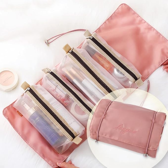 Roll Up Makeup Bag, Hanging Toiletry Bag, 4 in 1 Detachable Cosmetic Bag, 4 Removable Storage Bags, Travel Makeup Organizer Bags for Women Men(Pink)