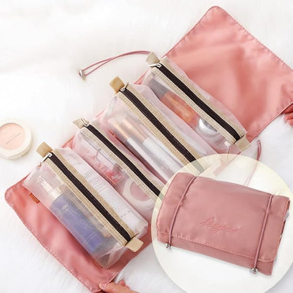 Roll Up Makeup Bag, Hanging Toiletry Bag, 4 in 1 Detachable Cosmetic Bag, 4 Removable Storage Bags, Travel Makeup Organizer Bags for Women Men(Pink)