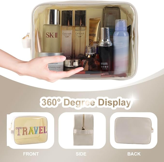 Clear Makeup Bag Large Chenille TRAVEL Pouch Preppy Clear Toiletry Bag TPU and Nylon Cosmetic Travel Bag for Women (Beige-Travel)