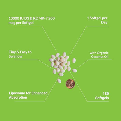 UpNourish Liposomal D3 K2 Vitamin 10000 IU D3 and K2 MK-7 200 mcg - 180 Vitamin D3 k2 (Vitamina D3 con K2) Mini Softgels - Easy to Swallow K2 D3 Vitamin Supplement