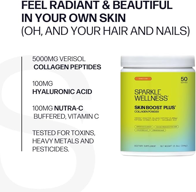 Sparkle Wellness Skin Boost Plus (Orange) [50-Serves] | Collagen Powder Supplement with VERISOL Bioactive Hydrolyzed Collagen Peptides, Vitamin C & Hyaluronic Acid to Improve Skin Elasticity