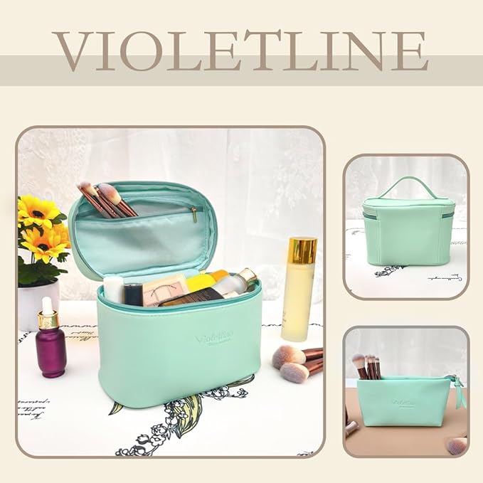Travel Cosmetic Bag for Women, PU Leather Cosmetic Bag Set of 2, Waterproof, Large Makeup Bag with Handle (Turquoise makeup bag)