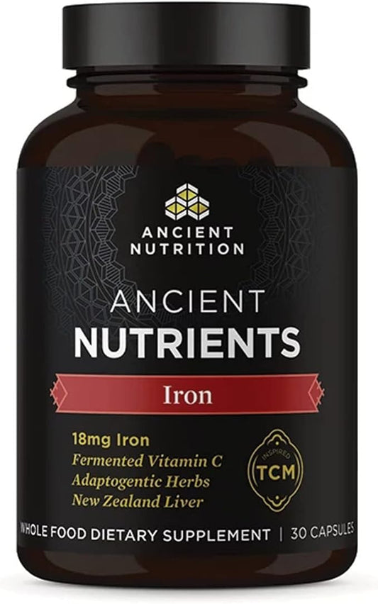 Iron Supplement by Ancient Nutrition, 18mg per Serving, Supports Response to Fatigue and Stress, Adaptogenic Herbs, Enzyme Activated, Paleo & Keto Friendly, 30 Capsules