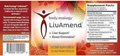 Body Ecology LivAmend | Liver Supplement | Milk Thistle and Artichoke | Supports Healthy Liver and Improves Bowel Elimination | 120 Vegetarian Capsules