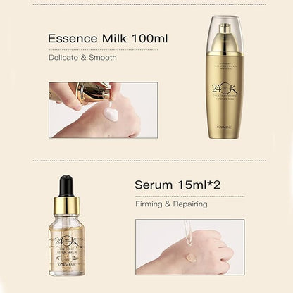24K Gold Skin Care Set 6-Piece Collection 24K Skincare Set with Facial Cleanser, Face Serum 2pcs, Eye Cream, Essence Milk, Toner, Anti-Aging Skin Care Kit For Women