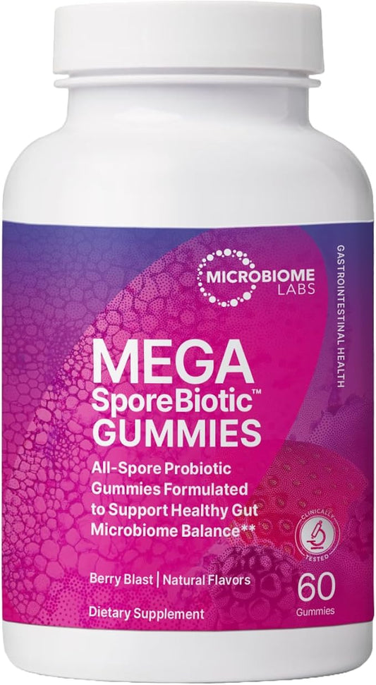Microbiome Labs Spore Based Probiotic Gummies for Women, Men & Children - MegaSporeBiotic Gummies - 4 Bacillus Probiotics for Digestive Health & Microbiome Support - Berry Flavor (60 Gummies)