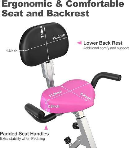 Folding Exercise Bike Portable Upright Adjustable Backrest Cycling Recumbent Stationary Bike Slim Indoor Workout Fitness Cardio Foldable Exercise Bicycle Machine with Pulse Sensor LCD Monitor Arm Resistance Bands