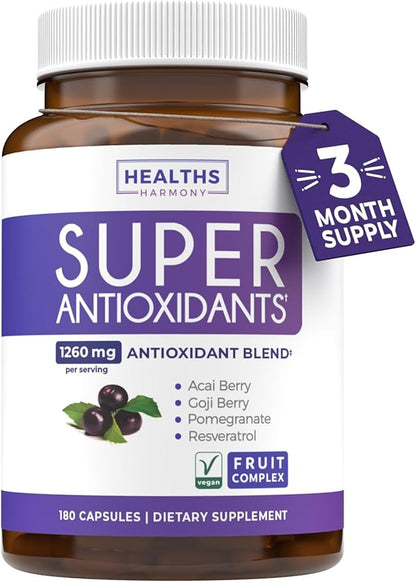 Super Antioxidants Supplement - Powerful Super Food Antioxidant Daily Blend - Acai Berry, Goji, Pomegranate & Trans Resveratrol - Herbal and Fruit Formula For Women and Men - Skin Care - 180 Capsules