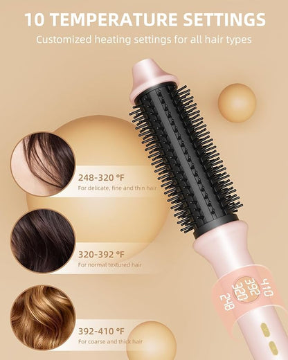 Thermal Brush, 1.26 Inch Heated Round Brush Hair Curling Iron with 10 Temp Settings, 30s Fast Heat for Curling & Volumizing, Anti-Frizz Hair Styler for Long Hair, Pink
