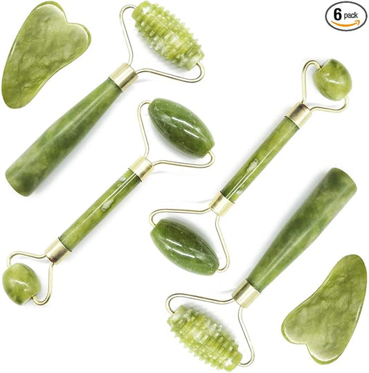 TIHOOD 6PCS Massage Tools Kits, 4 PCS Jade Roller Facial Ridged Roller Kits Skin Roller with 2 Pieces Scraping Massage Tools Anti Aging and Wrinkles for Face, Eye, Neck, Body for Lymphatic Massage