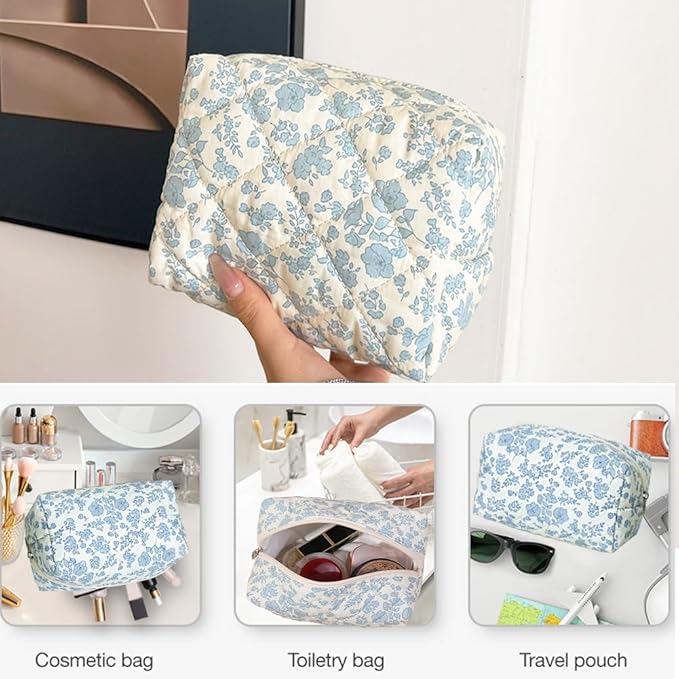 FITINI 2 Pcs Makeup Bag Large Cosmetic Bags Portable Travel Toiletry Case Organizer Cute Small Brushes Storage Pouch with Zipper for Women Purse,Quilting Blue Flower