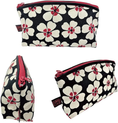 Terra Distribution Small Makeup Bag for Purse [ Made in Japan] Traditional Edo Komon Design Cute Cosmetic Pouch (Cherry Blossom (Black))