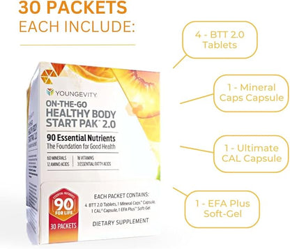 Youngevity On-The-Go Healthy Body Start Pak 2.0 - Includes Multi-Vitamins, Minerals, EFAs, & Amino Acids | 90 Essential Nutrients | 60-Day Supply