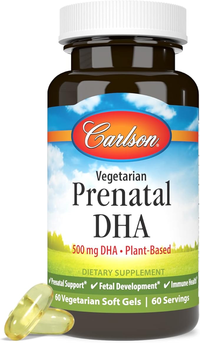 Carlson - Vegetarian Prenatal DHA, 500 mg DHA, Plant Based, Sustainably Sourced from Algae, Prenatal Support, Fetal Development, 60 Softgels