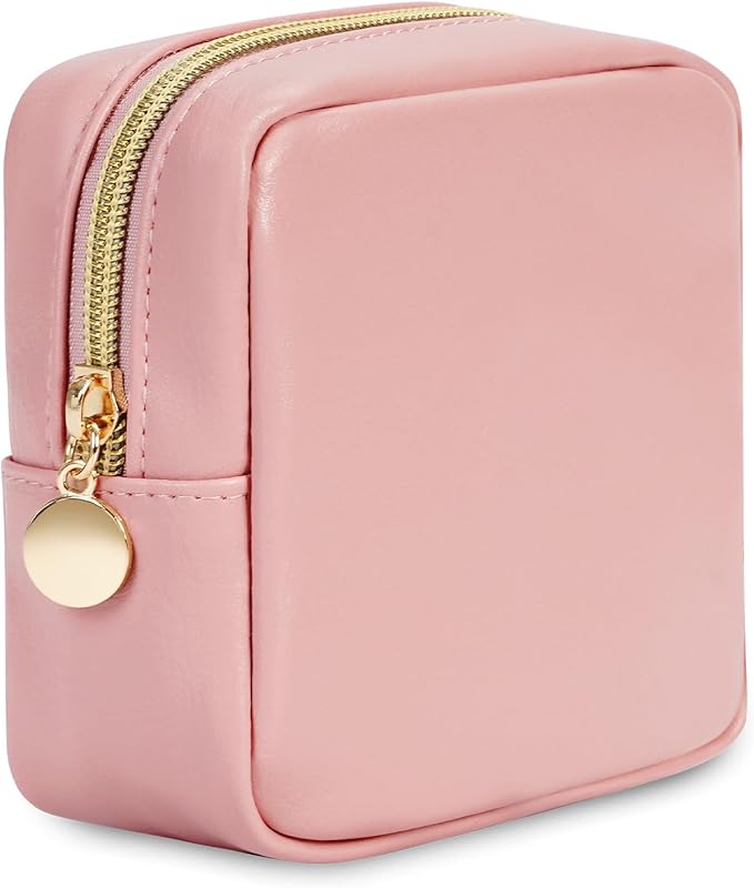 Wandering Nature Small Makeup Bag for Purse Mini Make up Pouch Cute Cosmetic Pouch for Women with Slip-in Pockets Matte Leather, Pink