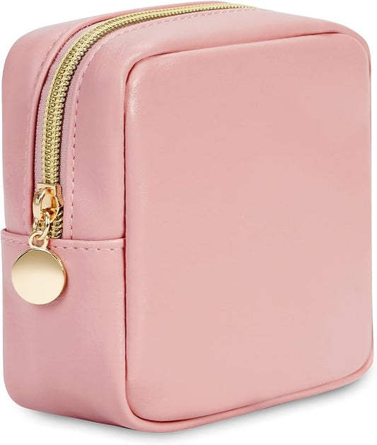 Wandering Nature Small Makeup Bag for Purse Mini Make up Pouch Cute Cosmetic Pouch for Women with Slip-in Pockets Matte Leather, Pink