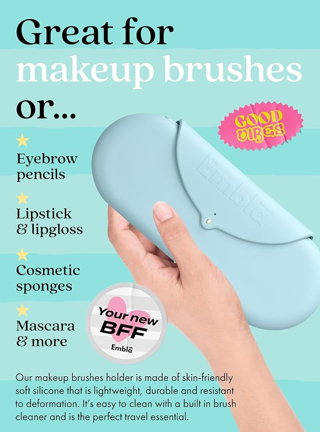Embla Makeup Brush Holder Travel Cosmetic Case Pouch, Soft Silicone Cosmetic Bag Make Up Brushes Holder with Secure Snap Closure, Travel Makeup Brush Case, Sky