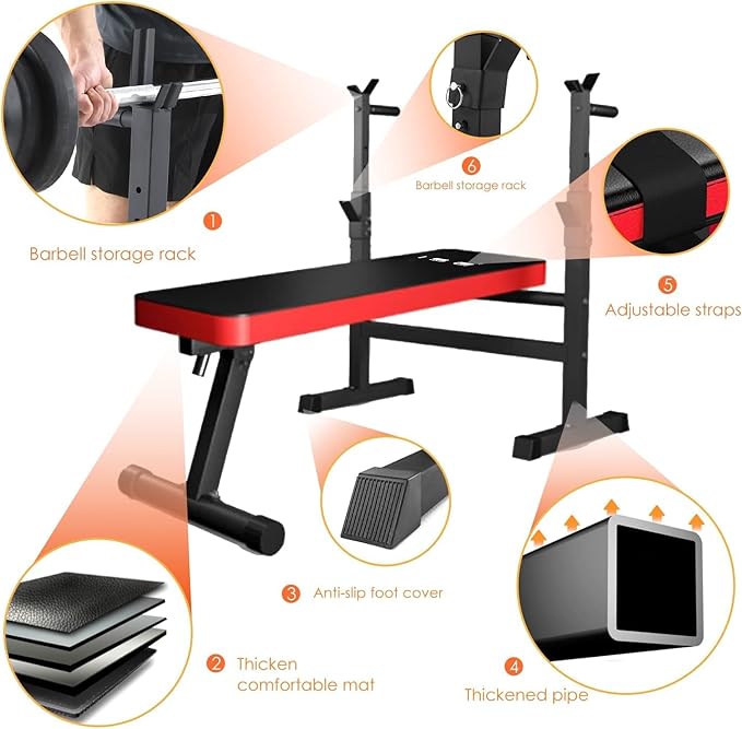 ISE Flat Adjustable Weight Bench with Barbell Rack 800LBS