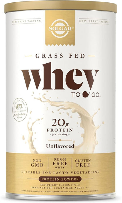 Solgar Grass Fed Whey to Go Protein Powder Unflavored, 11.2 oz - 20g of Grass-Fed Protein from New Zealand Cows - Great Tasting & Mixes Easily - Supports Strength & Recovery - Non-GMO, 13 Servings