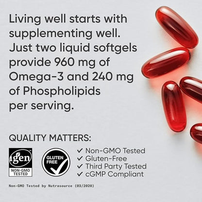 Sports Research Total Omega-3 Fish Oil from Wild Sockeye Salmon, Alaska Pollock, Antarctic Krill, Astaxanthin + Phospholipids & Wax Esters for Absorption | 960mg of EPA & DHA - Fresh Lemon Scent (120