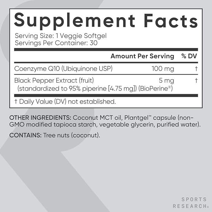 Sports Research CoQ10 (100mg) Enhanced w/Coconut Oil & Bioperine (Black Pepper) for Better Absorption | Vegan, Non-GMO Verified (30 Veggie Softgels)
