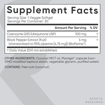 Sports Research CoQ10 (100mg) Enhanced w/Coconut Oil & Bioperine (Black Pepper) for Better Absorption | Vegan, Non-GMO Verified (30 Veggie Softgels)