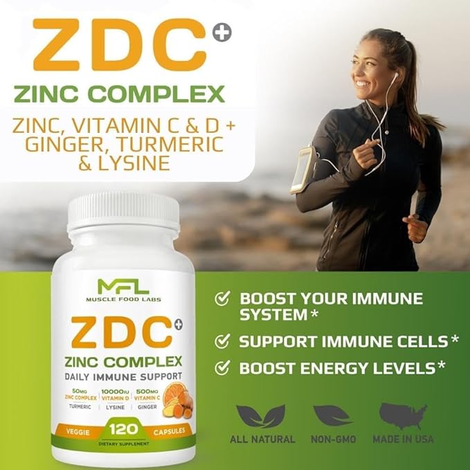 | Z D C Plus | Vitamin C, 500mg | Vitamin D3, | Zinc, | Turmeric | Ginger | Lysine | Non-GMO & Gluten Free | Veggie Caps | 120 Servings