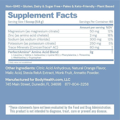 BodyHealth PerfectAmino Electrolytes Powder, Hydration Powder, Sugar Free Keto Electrolyte Drink Mix, Non GMO, Orange Flavor (60 Servings)