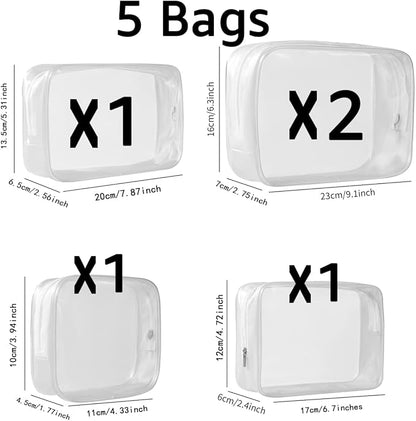 5 Pack Clear Plastic Zippered Toiletry Carry Pouch TSA Approved Toiletry Bag Portable Cosmetic Makeup Bag for Vacation, Bathroom and Organizing (White, Mixed Size)