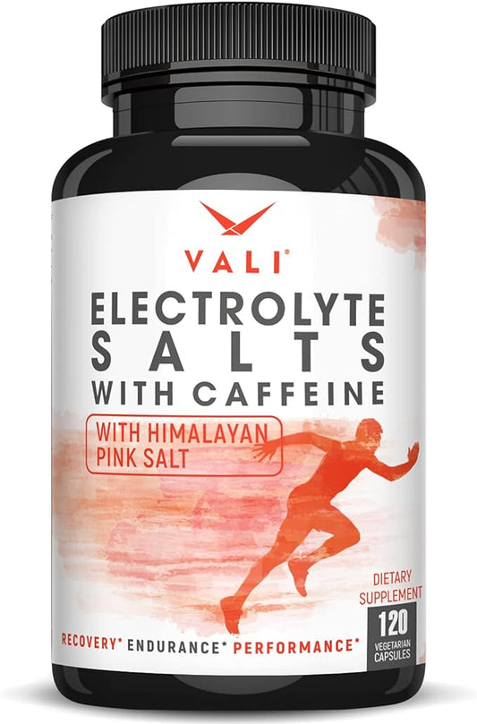 VALI Electrolyte Salts Plus 40mg Caffeine. Rapid Oral Rehydration Replacement Pills. Hydration Nutrition Powder Supplement, Energy, Recovery & Relief Fast. Fluid Health Essentials. 120 Veggie Capsules