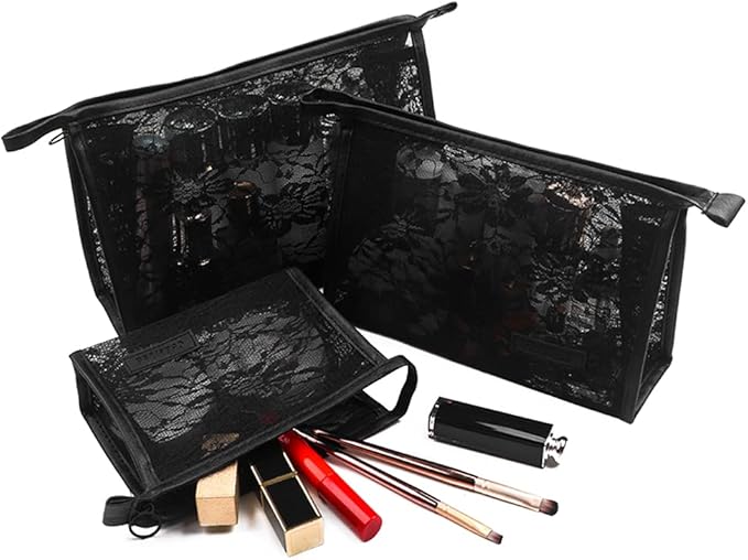 fashion portable cosmetic bag,Visible large capacity Nylon storage bag, for Business Travel bath, Unisex (black 3pcs set) (purpose made Lace Mesh triangular zippered cosmetic bag)