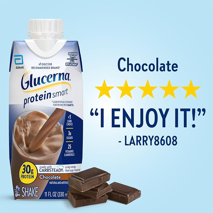 Glucerna Protein Smart Shake, Diabetic Drink to Support Blood Sugar Management, 30g Protein, 150 Calories, Chocolate, 11-fl-oz Bottle, 12 Count