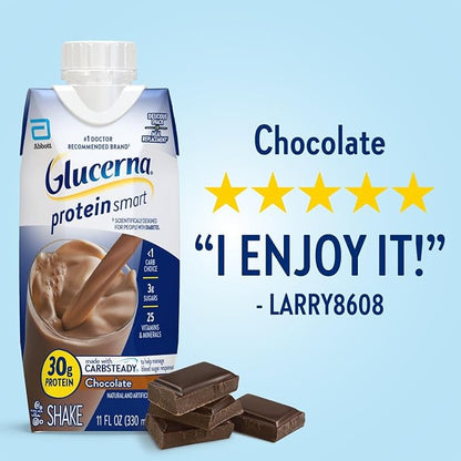 Glucerna Protein Smart Shake, Diabetic Drink to Support Blood Sugar Management, 30g Protein, 150 Calories, Chocolate, 11-fl-oz Bottle, 12 Count