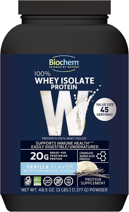 Biochem 100% Whey Isolate Protein - Vanilla Flavor – 48.5 oz. - Pre & Post Workout - 20g of Vegetarian Protein - Easily Digestible - Easy to Mix – 45 Servings