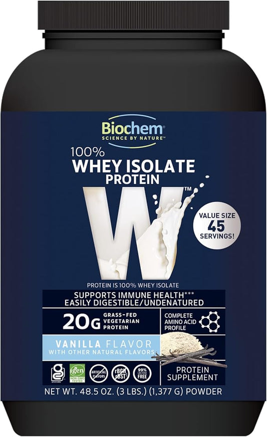 Biochem 100% Whey Isolate Protein - Vanilla Flavor – 48.5 oz. - Pre & Post Workout - 20g of Vegetarian Protein - Easily Digestible - Easy to Mix – 45 Servings