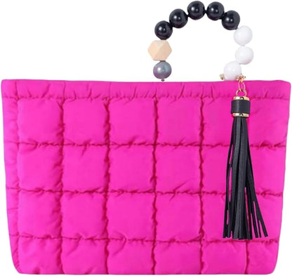 Puffy Makeup Bag Quilted Pouch Puffer Make Up Bag for Purse Cosmetic Bag for Women (Hot Pink)