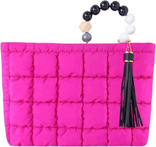 Puffy Makeup Bag Quilted Pouch Puffer Make Up Bag for Purse Cosmetic Bag for Women (Hot Pink)