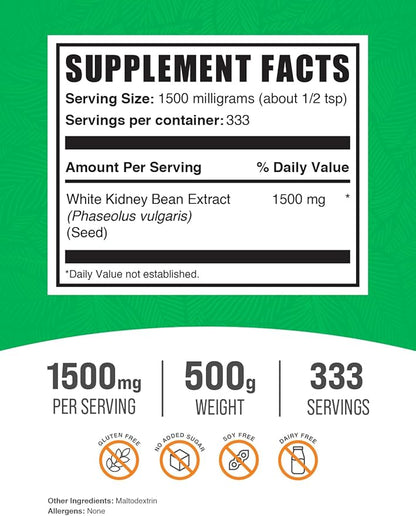 BulkSupplements.com White Kidney Bean Extract Powder - White Kidney Bean Powder, Herbal Supplement - Gluten Free, 1500mg per Serving, 500g (1.1 lbs) (Pack of 1)
