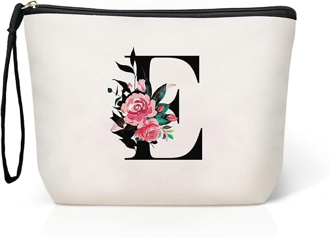 TOPEAST Initial Personalized Floral Makeup Bag - Monogrammed Birthday Gifts for Women, Birthday Gift Ideas for Best Friend, Bride Bridesmaid, Her, Grandma, Small Travel Cosmetic Bag (Letter E)