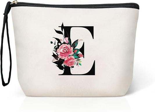 TOPEAST Initial Personalized Floral Makeup Bag - Monogrammed Birthday Gifts for Women, Birthday Gift Ideas for Best Friend, Bride Bridesmaid, Her, Grandma, Small Travel Cosmetic Bag (Letter E)