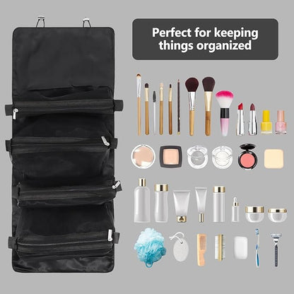 Roll Up Makeup Bag, Hanging Toiletry Bag, 4 in 1 Detachable Cosmetic Bag, 4 Removable Storage Bags, Travel Makeup Organizer Bags for Women Men(Black)