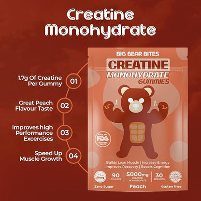 Creatine Monohydrate Gummies for Men & Women | 5000mg of Creatine Gummies per Serving | Sugar Free Gummies, Gluten Free & Halal | Pack of 90 Pre Workout Gummies for Muscle Recovery | Peach Flavor