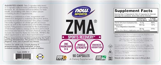 NOW Foods Sports Nutrition, ZMA (Zinc, Magnesium and Vitamin B-6), Enhanced Absorption, Sports Recovery*, 90 Capsules