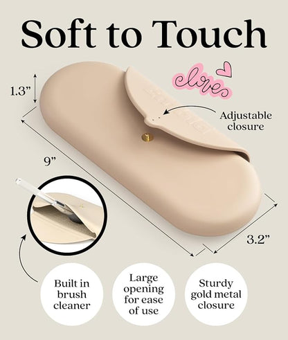 Embla Makeup Brush Holder Travel Cosmetic Case Pouch, Soft Silicone Cosmetic Bag Make Up Brushes Holder with Secure Snap Closure, Travel Makeup Brush Case, Sand